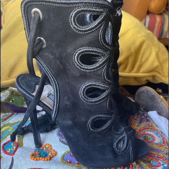 Prada Black Suede  Ankle Tie Sandals Size 35 - Picture 4 of 6